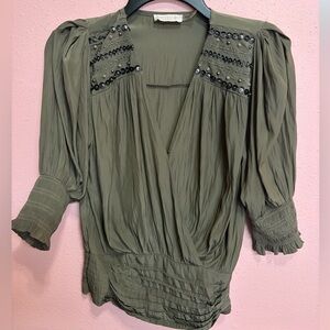 Ramy Brook NY Blouse Olive Green Embroidered Beaded Smocked Made in India XS